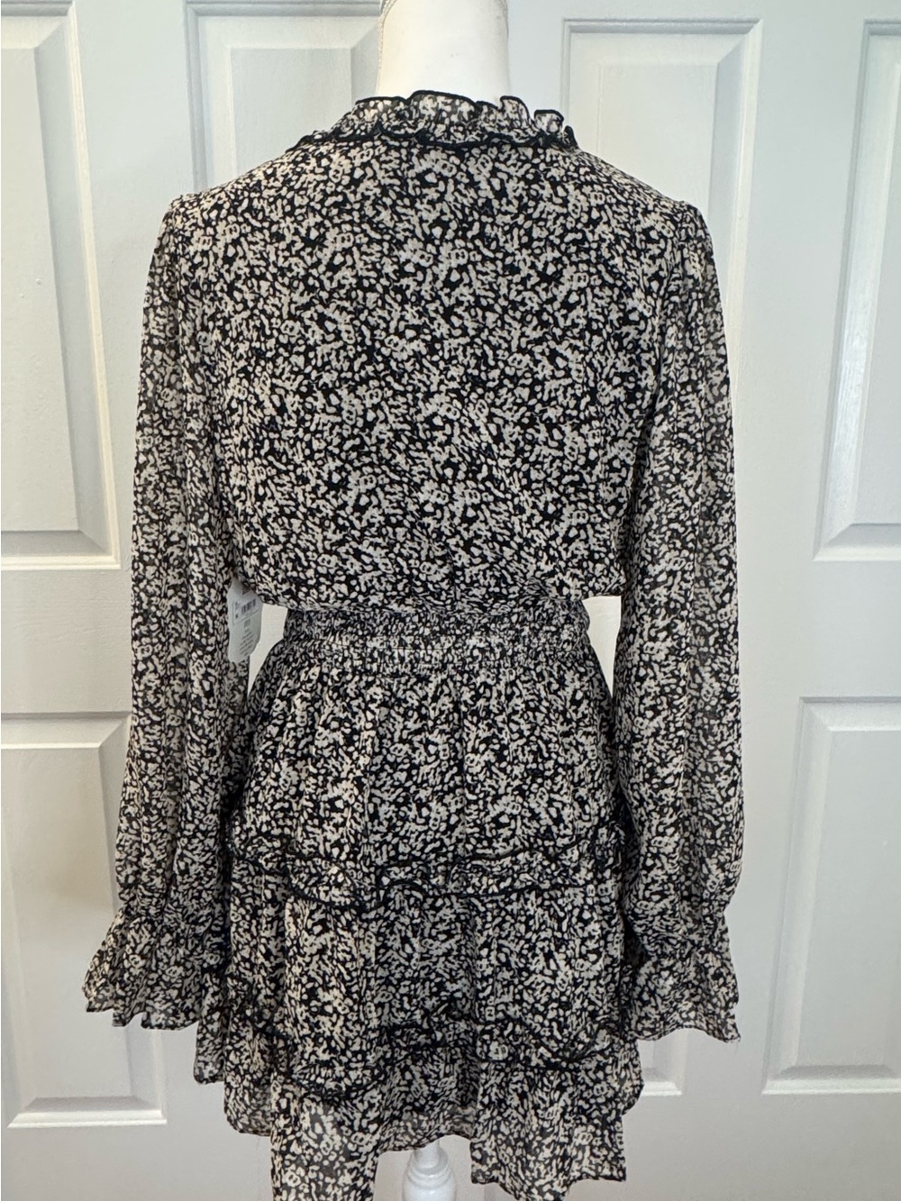 Altar'd State Black and Cream Floral Smock Waist Ruffle Tiered Long Sleeve Dress - Picture 8 of 9